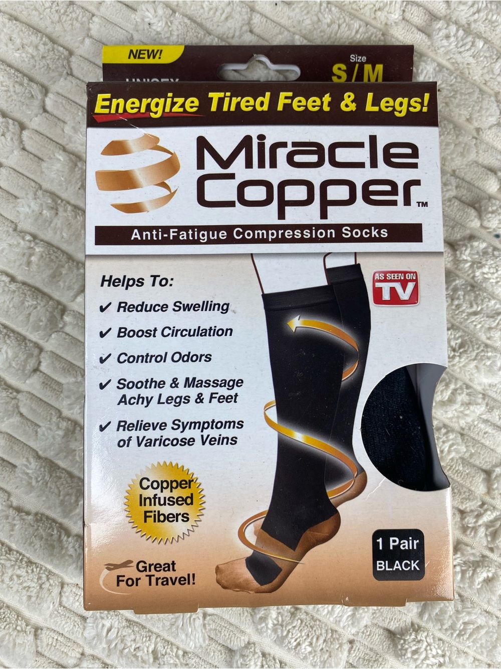Miracle Copper Anti-Fatigue Compression Socks Black Unisex S/M NIB